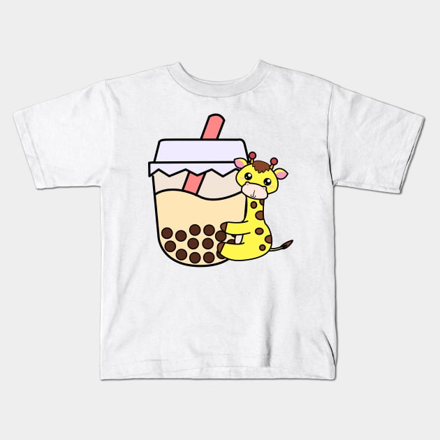Baby Kawaii Giraffe Hugs Sweet Bubble Tea Cream Boba Tea Kids T-Shirt by 4U2NV-LDN